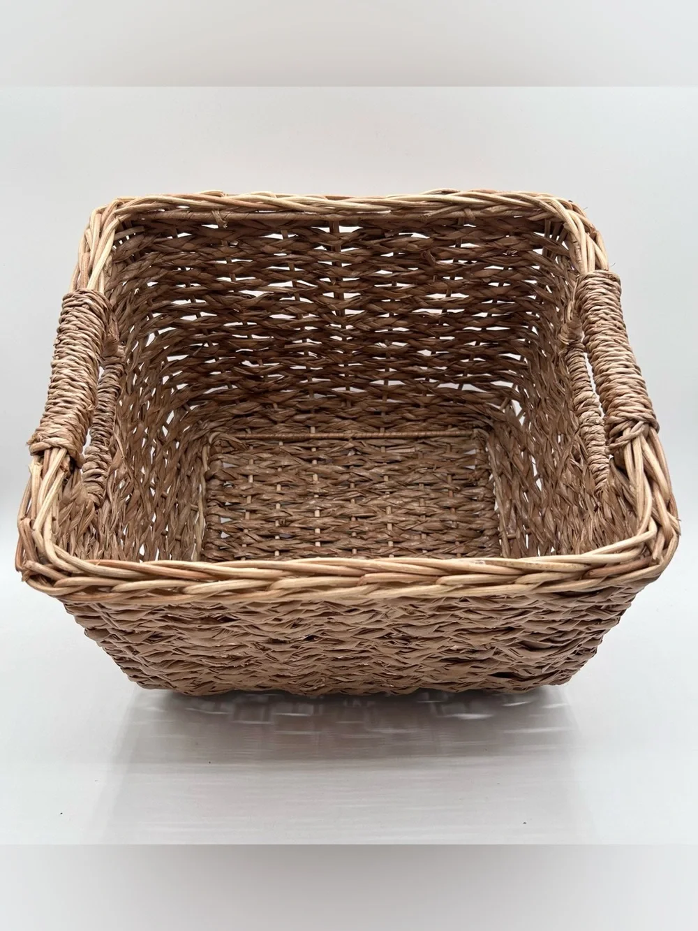 Woven Ratan Storage Basket Rectangular Farmhouse Handles Deep 11